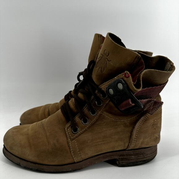 FLY London Stay Rug Biker Boots Combat Leather Lace Up Buckle Strap Brown 8 - Picture 4 of 6